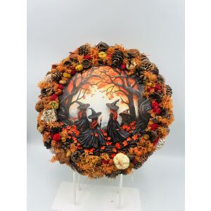 Őszi boszorkányos ajtódísz, 30cm Halloween koszorú boszorkányokkal, őszi dekoráció - Ajtódísz