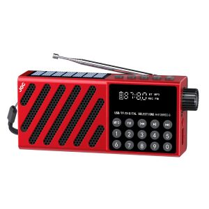 JOC-6138REC-S napelemes multifunkciós hordozható rádió Bluetooth, USB, TF kártya, digitális kijelző és sztereó hangzás, piros színben.