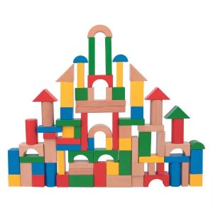 Tooky Toy: Set cuburi din lemn colorate într-o găleată - 100 buc. 141284465 - Joc de construcție din lemn