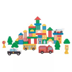 Tooky Toy: Šareni drveni blokovi i autići u kanti - 50 komada 141284525 - Drvena igračka za građenje