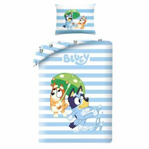 Pruhovaná posteľná bielizeň Bluey, bavlna, 140x200 cm, s postavičkami Bluey a Bingo - Autá a vozidlá