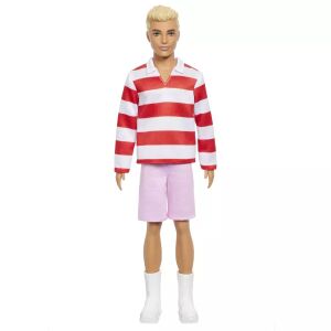 Păpușa Barbie Fashionista Ken în cămașă cu dungi roșii și albe și pantaloni scurți roz - Barbie Baba