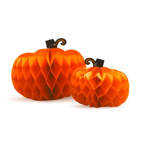 Két narancssárga papír töklámpás Halloween dekorációhoz, 25/30 cm