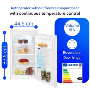 Мини хладилник Bomann VS7255W с размери и функции: 87L капацитет, реверсивна врата, контрол на температурата. - Мини хладилник