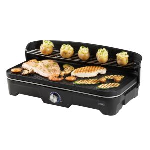 DOMO elektromos grill, Grillasztal, ideális sült hús/hal/zöldségek/szendvicsek számára, 2 hőmérsékleti zóna, dupla főzőfelület, termosztát, bordázott/sima tapadásmentes lap, gyors felmelegedé