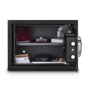 Sweiss elektronikus záras acél széf, 8 literes, ujjlenyomat-/PIN-kód-/kulcsos hozzáférés, kivehető polc, robusztus 4 mm-es ajtó, fekete