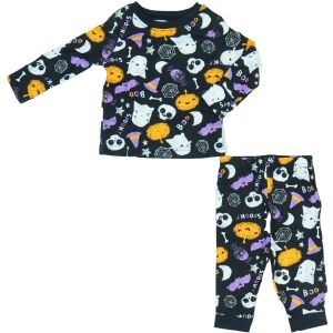 Set Pijama Băiat George Halloween - Top Negru cu Mânecă Lungă și Pantaloni cu Modele Fantomă, Dovleac și Înfricoșătoare - Modă și îmbrăcăminte