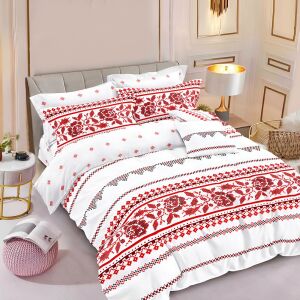 Двулицев спален комплект EmonaMall S18355, 6 части, с червен флорален мотив на бял фон - Бельо