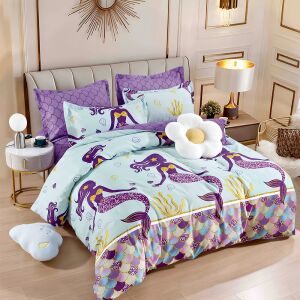 Двулицев спален комплект EmonaMall, 6 части, дизайн русалка, светлосин и лилав - Бельо