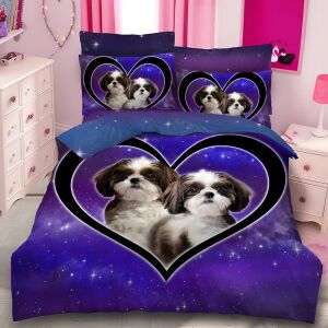 Спален комплект EmonaMall S14199 с дизайн на кучешко сърце, лилаво и синьо - Бельо