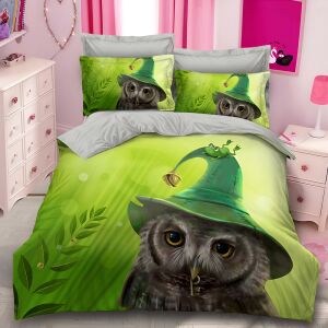 Спален комплект EmonaMall с бухал, зелен комплект спално бельо от 6 части с дизайн на бухал и жаба - Бельо