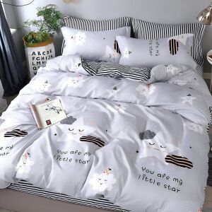 Двулицев спален комплект EmonaMall S12087, 4 части, сив със звезди и облаци - Бельо