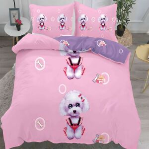 3D спално бельо EmonaMall, розов дизайн с кучета, 4 части - Бельо