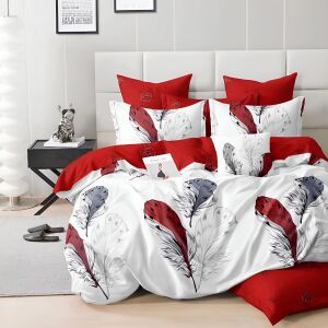 Двулицев спален комплект EmonaMall S18468, 6 части, с принт на пера в червено и бяло - Бельо
