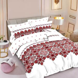Двулицев спален комплект EmonaMall S18354, 6 части, бял и червен флорален мотив - Бельо