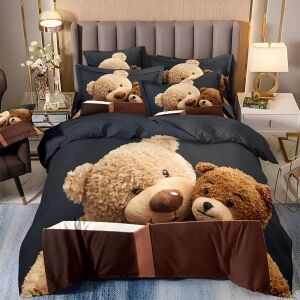 Спален комплект EmonaMall с плюшени мечета, 6 части, черно и камел - Бельо