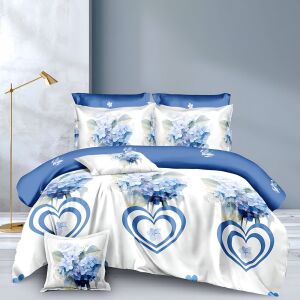 Двулицев комплект спално бельо EmonaMall S18018 със син флорален и сърдечен дизайн - Бельо