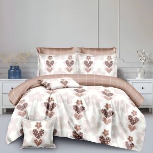 Двулицев спален комплект EmonaMall S18007, бежов и кафяв модел със сърца, 8 части - Бельо