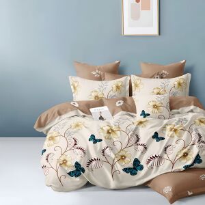 Двулицев спален комплект EmonaMall S18114, 6 части, с флорален мотив и пеперуди - Бельо