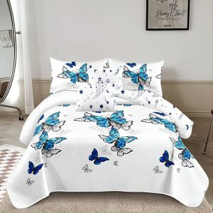 Спално бельо EmonaMall от 6 части - Бял и син принт с пеперуди - Бельо