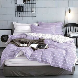 Двулицев спален комплект EmonaMall S9816 на лилави райета, 4 части - Бельо