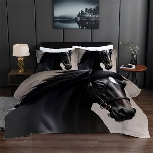 Спален комплект EmonaMall S18079 с принт на черен кон, 6 части - Бельо