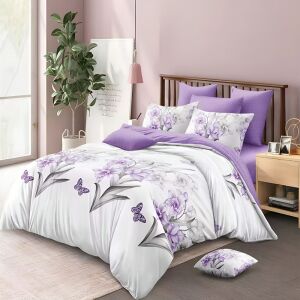 Двулицев спален комплект EmonaMall S18475, 6 части, с бял и лилав флорален дизайн с пеперуди - Бельо