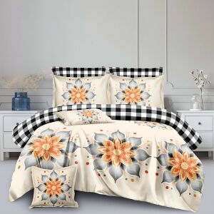 Двулицев спален комплект EmonaMall S18024, 8 части, с флорален и кариран мотив - Бельо