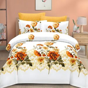 Двулицев спален комплект EmonaMall S18144 с флорален принт, 6 части, с бели и жълти акценти - Бельо