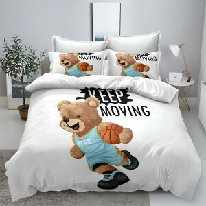 Двулицев спален комплект EmonaMall S18080, 6 части, с дизайн на плюшено мече, играещо баскетбол - Бельо