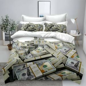Спален комплект EmonaMall S18088 с принт на пари, 6 части двулицев плик за завивка, новаторски декор за спалня - Бельо