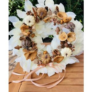 Natur színű, nagyméretű őszi ajtódísz tökökkel, gombákkal és levelekkel - Ajtódísz