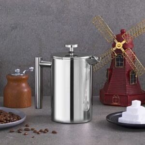 Infúziós üveg, rozsdamentes acél, 1000 ml, modern design, könnyen tárolható és manőverezhető, ergonomikus fogantyú, szilárd fedél, szűrő dugattyú, magasság 22 cm, átmérő 10,5 cm.