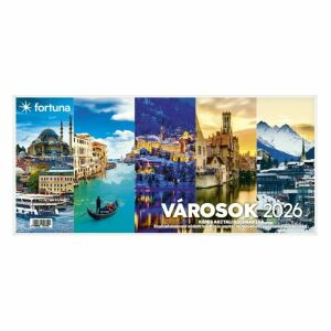 Asztali naptár 2026 képes FORTUNA Városok álló fehér lapos holdfázissal naptárháttal