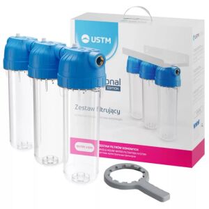 USTM 3 lépcsős 10"-os Szűrőház 3/4" csatlakozással, átlátszó házzal, dupla "O" gyűrűs - réz menetes 141420565 - USTM