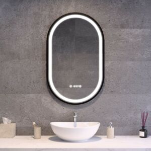 Ovális LED tükör fekete kerettel 50x80cm | Páramentesítő - Óra - Fényerő és színhőmérséklet szabályozás | Welland Lyon