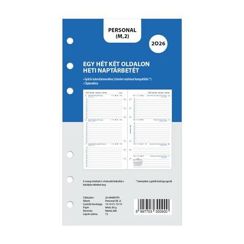 Kalendárium betét, tervező, Filofaxhoz, personal méret, heti, 1 hét/2 oldal, 2026 141423543