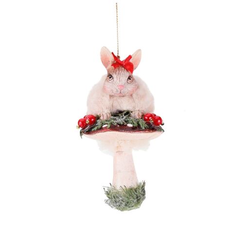 Nyuszi gombán karácsonyfadísz, 12 cm 