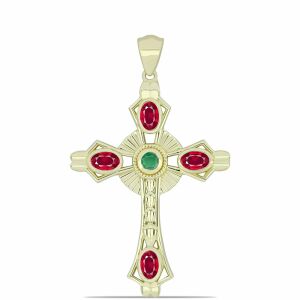 Kereszt Arannyal Bevont Ezüst Medál Madagaszkári Rubinnal és Brazil Smaragddal, Y60453 141463992 - Női kiegészítő