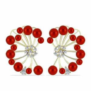 Arannyal Bevont Ezüst Fülbevaló Vörös Édesvízi Kagylógyönggyel és Fehér Topázzal, Y60222 141464062 - Női fülbevaló