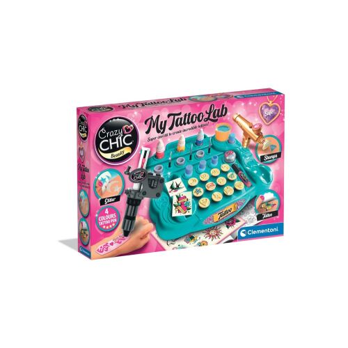 Clementoni Crazy Chic Tetováló stúdió készlet gyerekeknek, ideiglenes tetoválások készítése sablonokkal, csillámporral és bőrbarát festékekkel