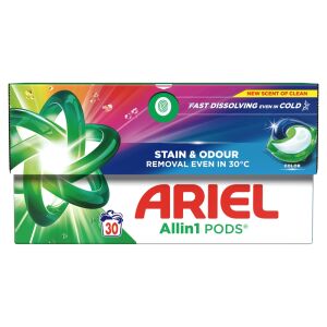 Ariel Allin1 Pods Color capsule de detergent pentru rufe colorate, 30 spălări, îndepărtarea petelor și a mirosurilor - Gel de spălare, Clătiți și Capsulă de spălare