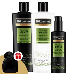 TRESemmé Flawless Waves göndör haj csomag samponnal, balzsammal, kiöblítést nem igénylő szérummal és hajturbánnal - Hajápoló csomag