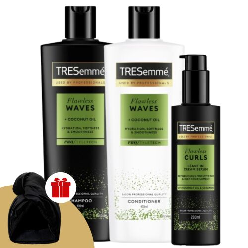 Set pentru păr creț TRESemmé Flawless Waves cu șampon, balsam, ser fără clătire și turban de păr