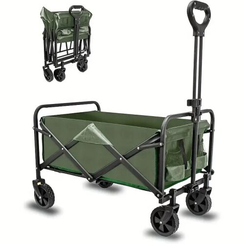 Zöld összecsukható kerti kocsi védőhuzattal, fém vázzal és teleszkópos fogantyúval