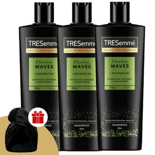 TRESemmé Flawless Waves Sampon 3x400ml hullámos és göndör hajra kókuszolajjal és ajándék hajturbánnal