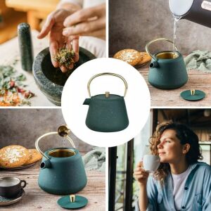Kollázs a Kinghoff KH 1933 zöld öntöttvas teáskannáról használat közben - Kinghoff