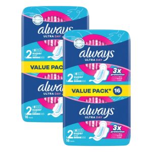 Two packs of Always Ultra Day Super sanitary pads with wings, 16 count each - Always