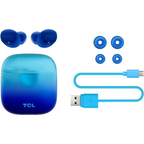 Blaue TCL True Wireless Ohrhörer mit Ladeetui, Ohrstöpseln und USB-Kabel