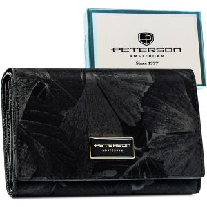 Poziomy, duży portfel damski ze skóry naturalnej i ekologicznej w czarnym kolorze - Peterson 141672414 - Peterson